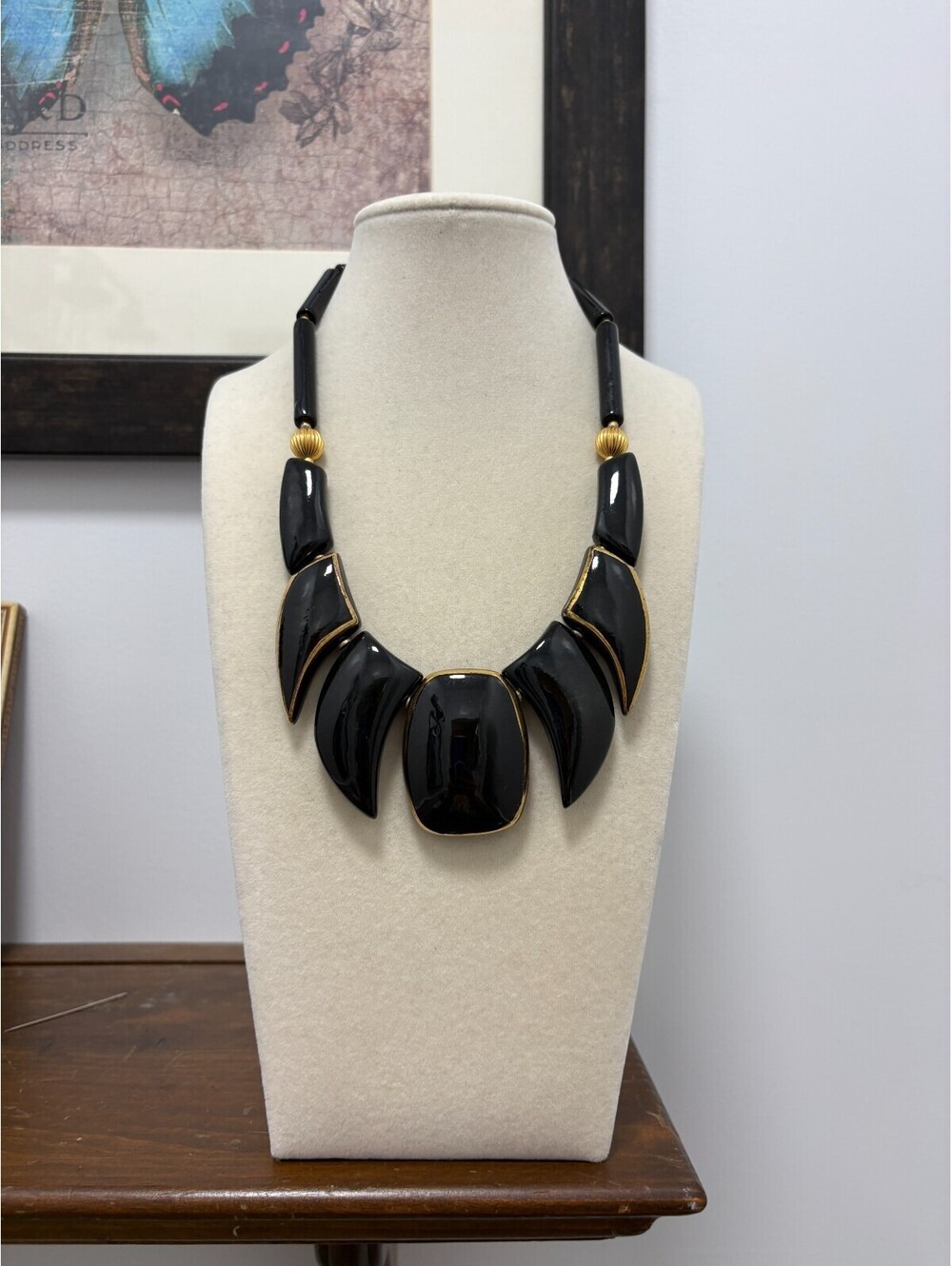 Vintage Japan Geometric Black Lucite Gold Tone Collar 80s Beaded Necklace 16"